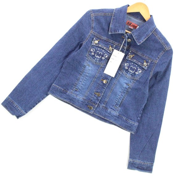 HIP JEANS Womens Denim Jacket Blue Button Down Embroidered Cotton Large L NWT - Picture 2 of 7